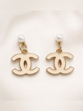 CHANEL Cream Enamel Double C Drop Earrings with Pearl Tops